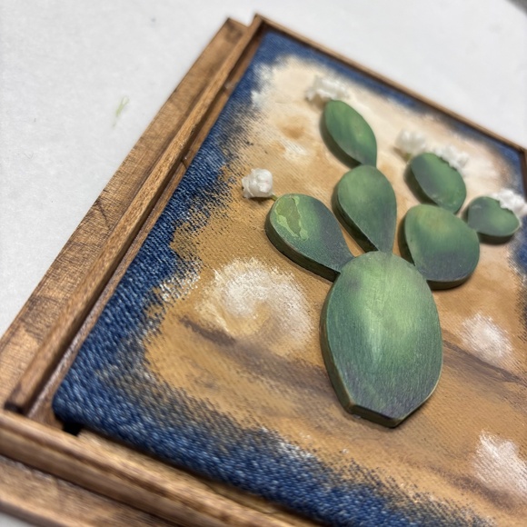 Cactus Mixed Media Wall Art Saguaro Flowers Brown Desert Wood Arizona 6 x 8 - Picture 3 of 7